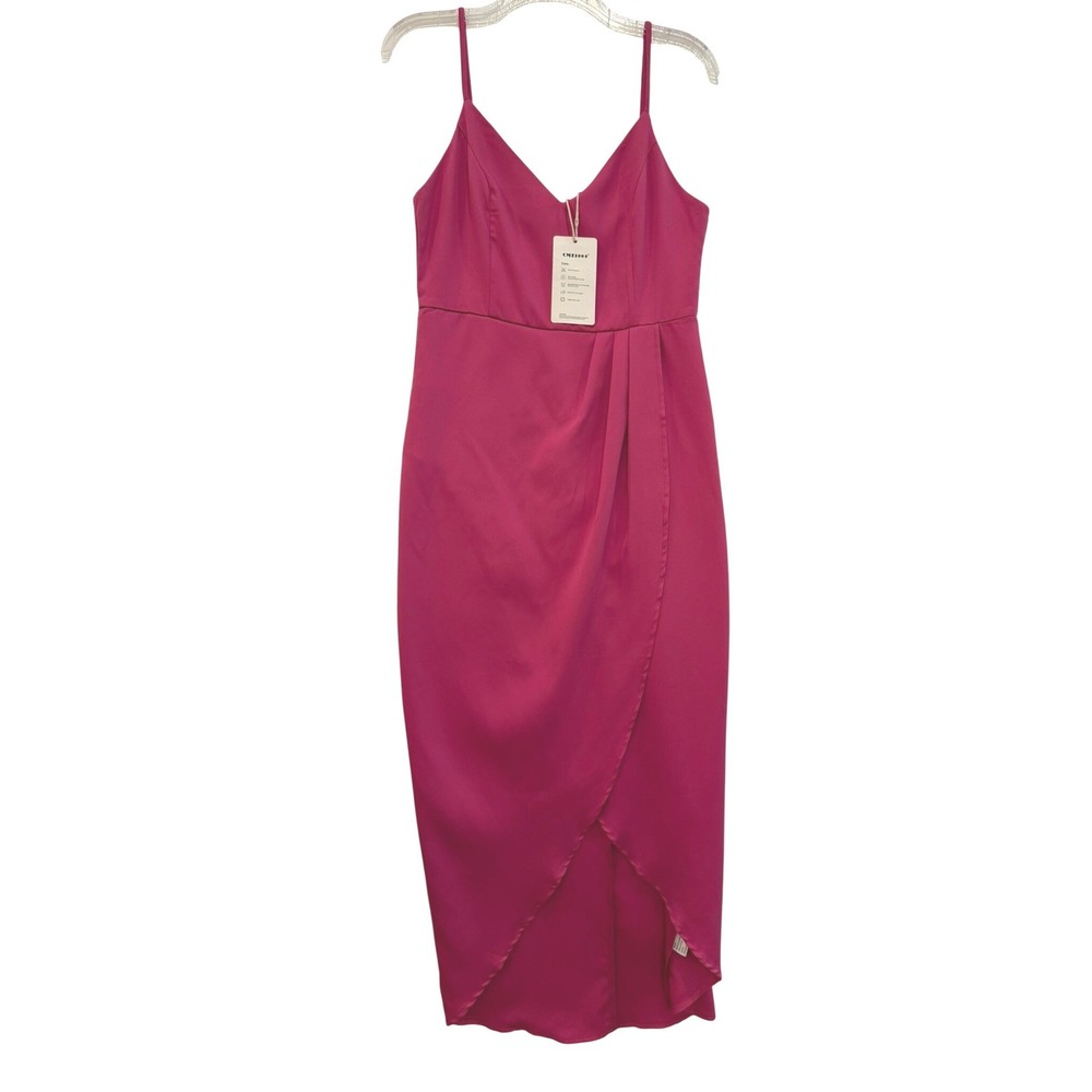 CMZ2005 Fuchsia‎ Pink V-Neck Wrap Tulip Hem Midi Dress NWT Size Small